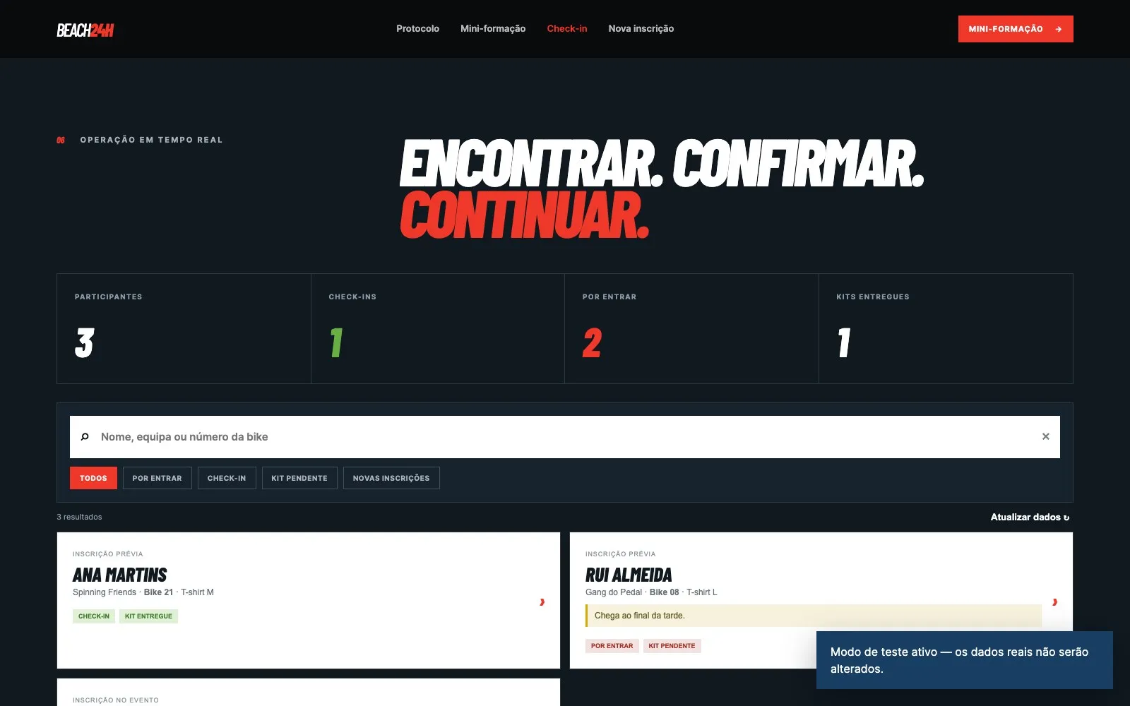 Beach24H desktop check-in: participant search and statuses with fictional data