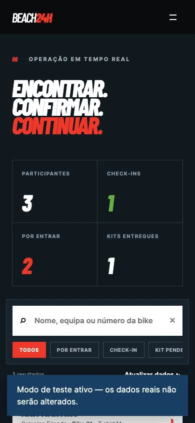 Beach24H mobile check-in with fictional data
