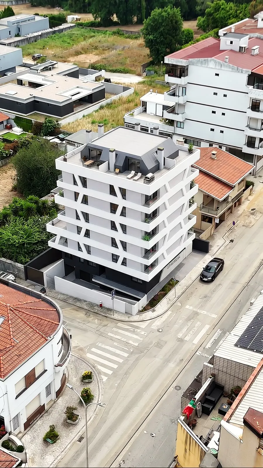 Aerial drone view of the Esmeralda building and street