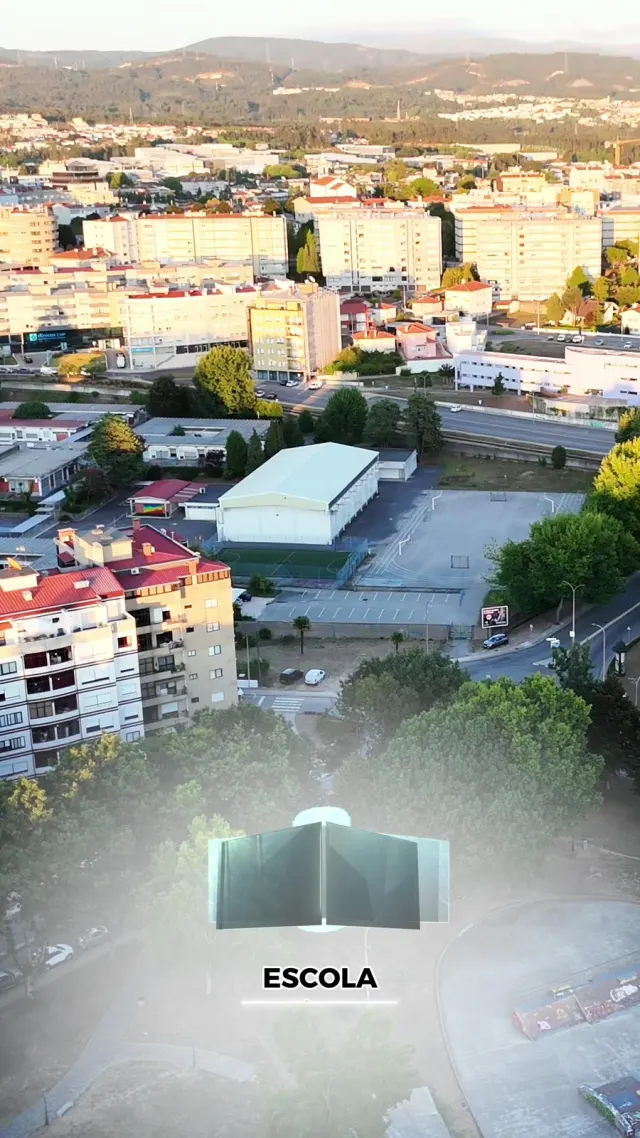Animated graphic for a nearby school over aerial drone footage